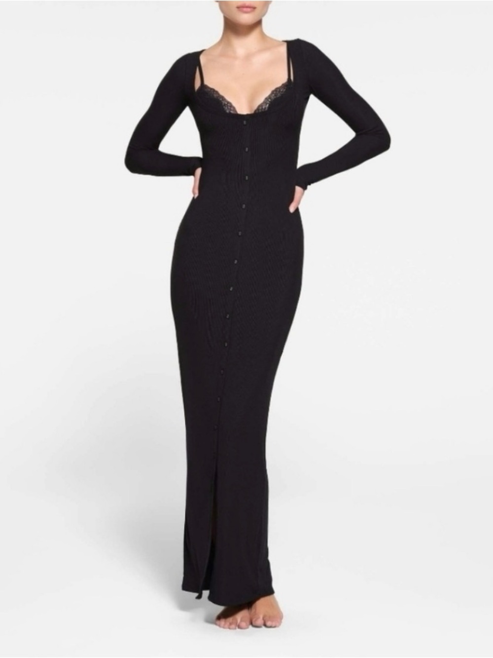 Skims Long Soft Black Dress Lace-Trim Ribbed Maxi Dress